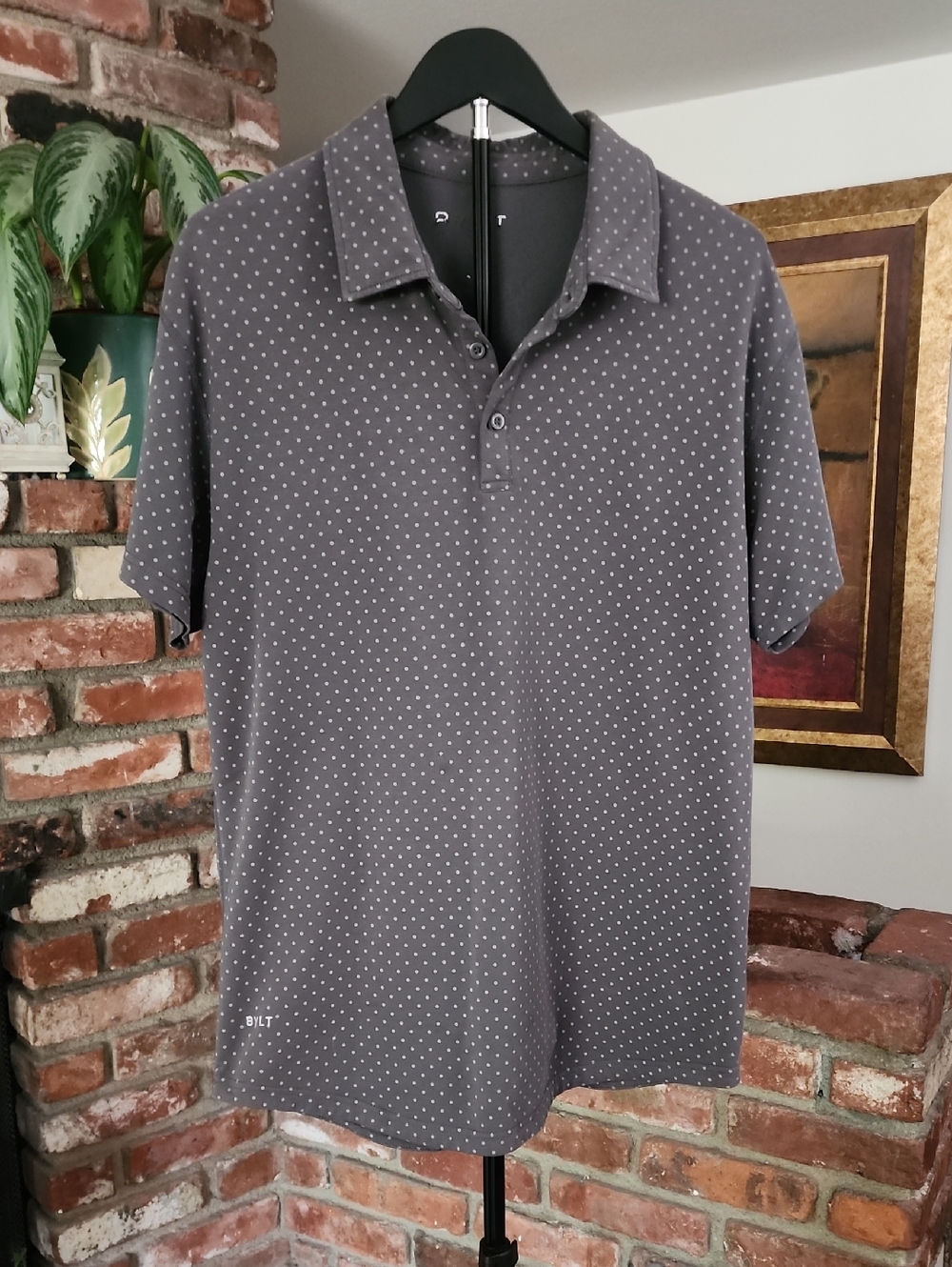 BYLT Basics Gray Polo with White Micro-Dot Pattern